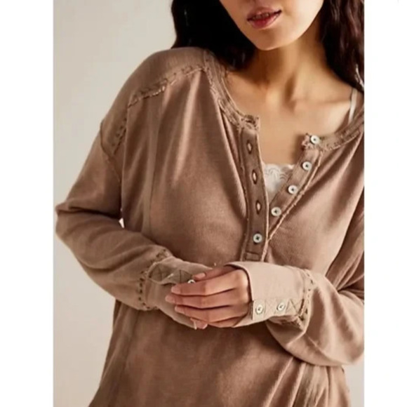 We The Free Tops - We The Free People Taylor Henley Thermal Top Small Brown Slouchy Boho Grunge
